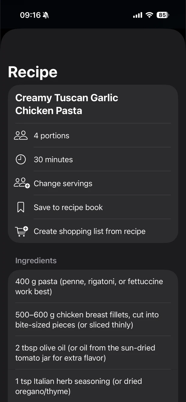 Recipe with servings and shopping list action